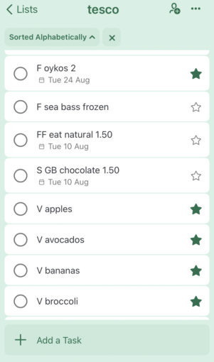 screenshot of tesco shopping list from the microsoft to do app